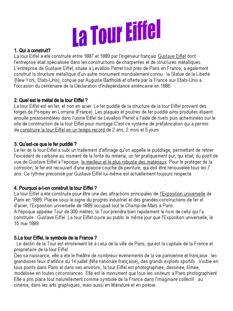 Histoire et caractéristiques de la tour Eiffel | PDF