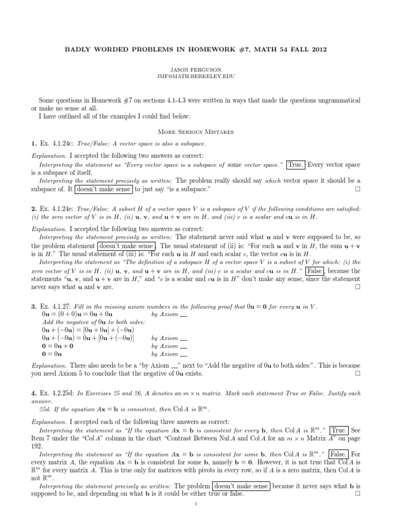 Math 54 Homework #7 Issues | PDF | Linear Subspace | Vector Space