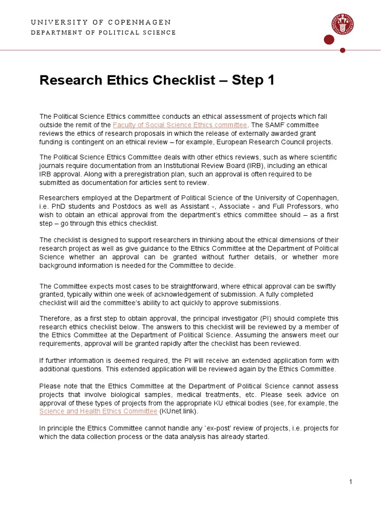 Research Ethics Checklist for Approval | PDF | Institutional Review ...