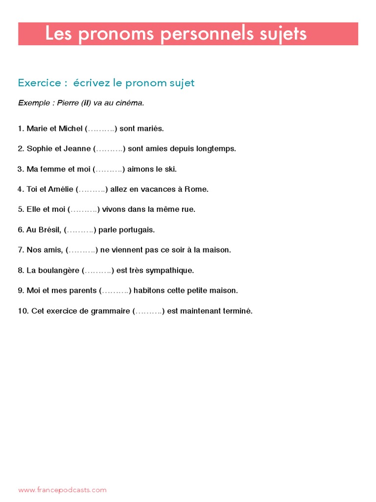 Exercices sur les pronoms personnels sujets | PDF