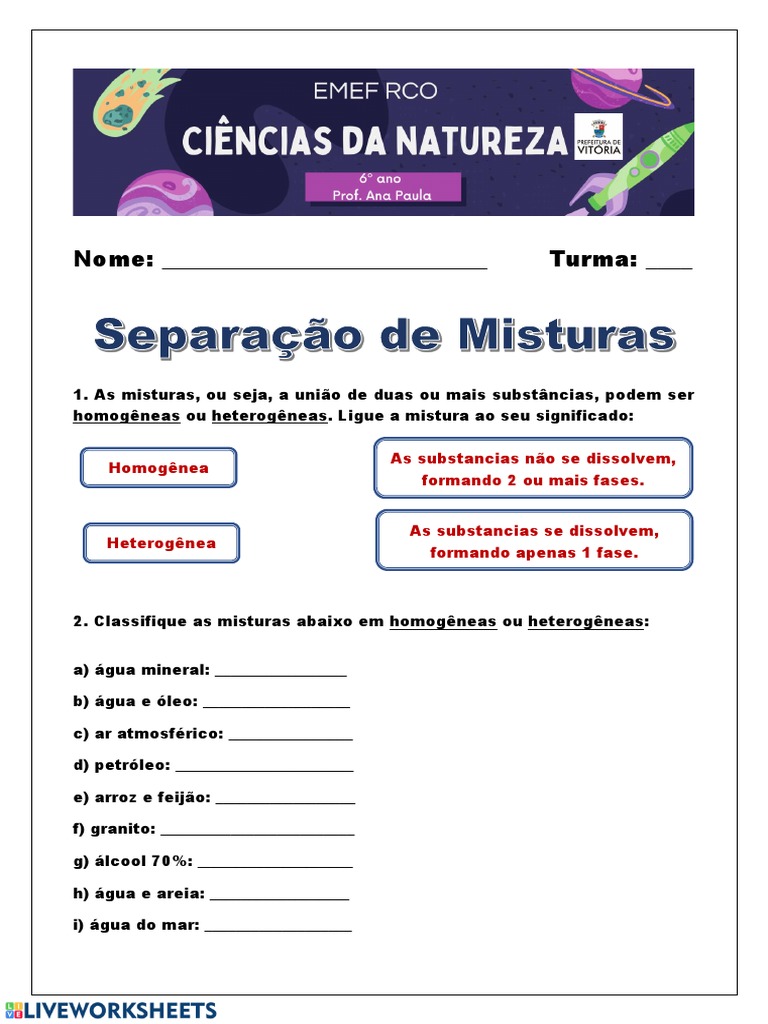 Atividades sobre Separação de Misturas 6º Ano | PDF