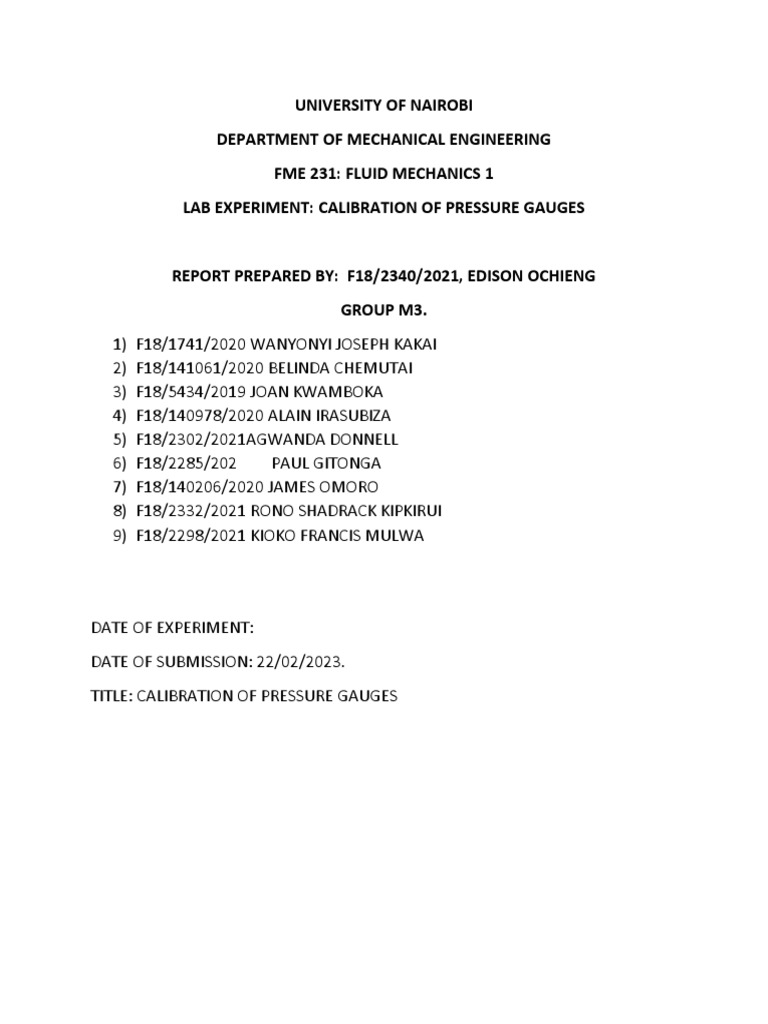 Callibration of Pressure Gauge Lap Report PDF Pressure Measurement