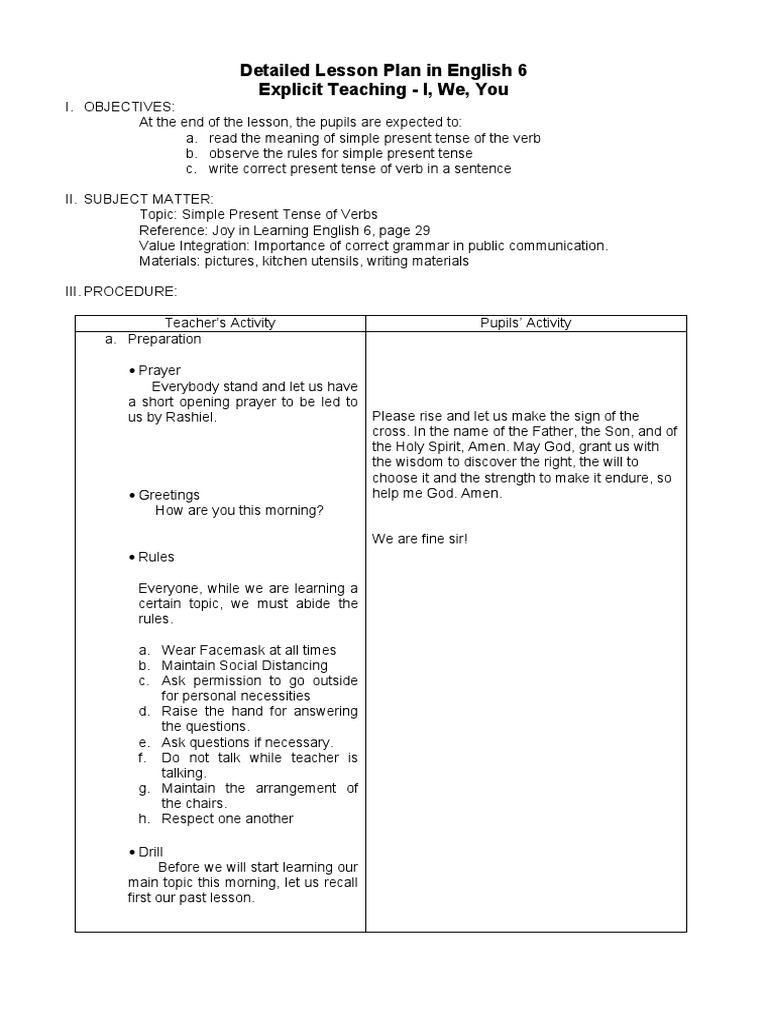 Grade 6 Detailed English Lesson Plan | PDF
