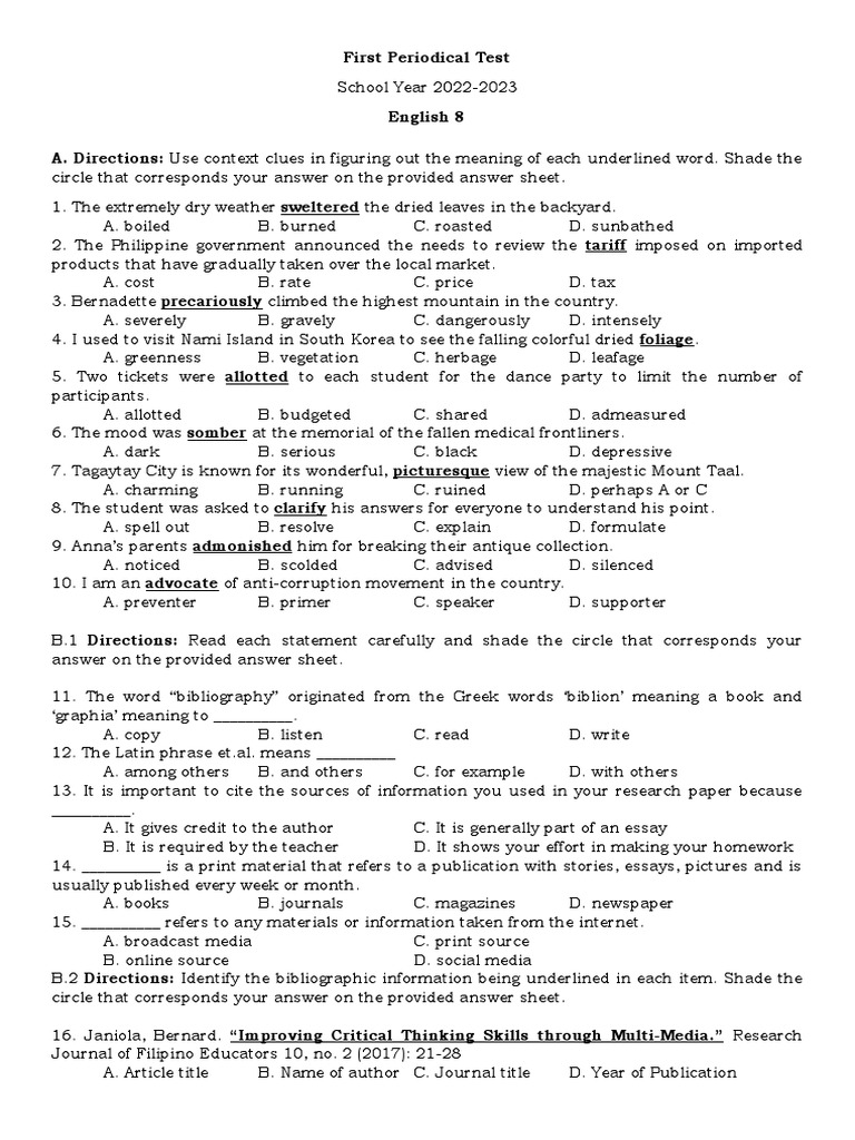 Grade 8 First Periodical Test 2022-2023 | PDF