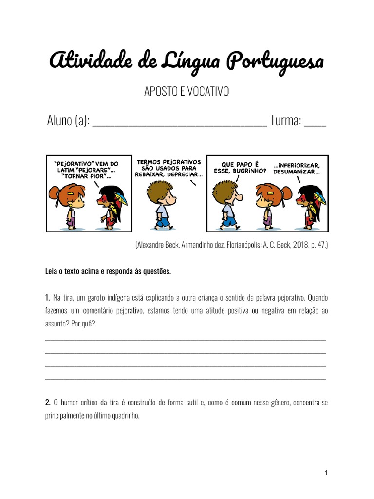 Atividade sobre Aposto e Vocativo 4º Ano | PDF