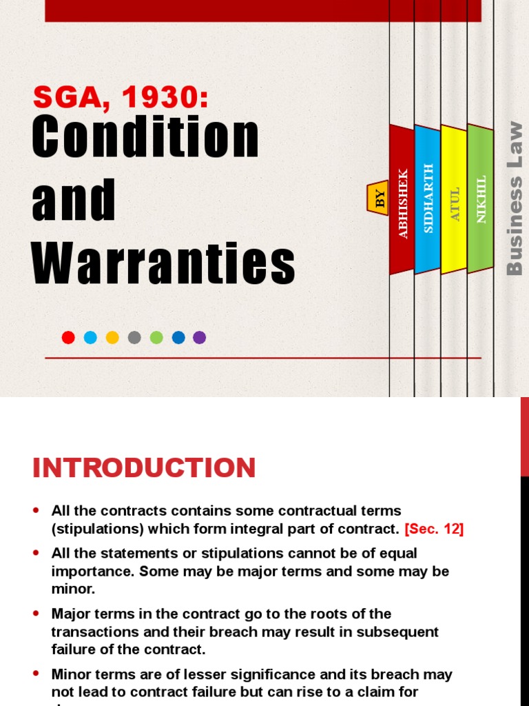 Business Law PPT On Conditions and Warranty PDF Breach Of Contract