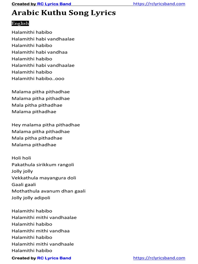 Arabic Kuthu Song Lyrics English PDF Cricket