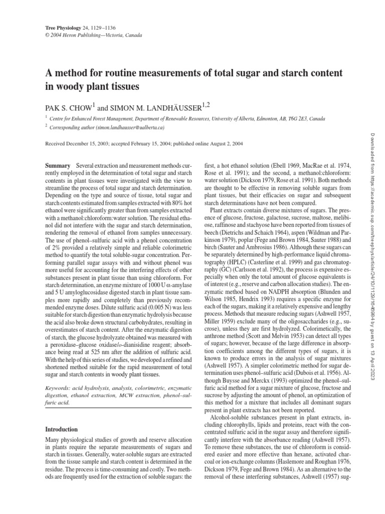 A Method For Routine Measurements of Total Sugar and Starch Content in ...