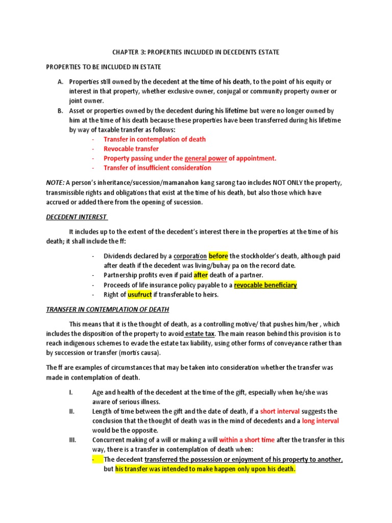 Chapter 3 Properties Included in Decedents Estate PDF Estate Tax In