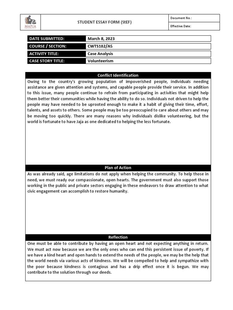 CWTS102 Essay #6 - Volunteerism Case Analysis | PDF