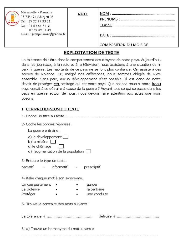 Composition Exploitation de Texte CM2 PDF