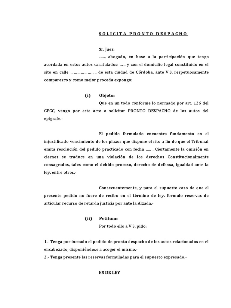 Solicitud De Pronto Despacho De La Causa Debido A La Demora Judicial Y