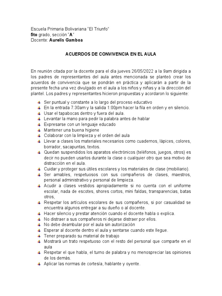 Normas de Convivencia para 5to Grado | PDF | Salón de clases