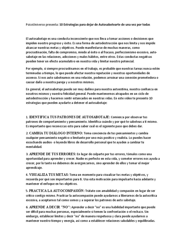 10 Estrategias para Dejar de Autosabotearte de Una Vez Por Todas | PDF ...