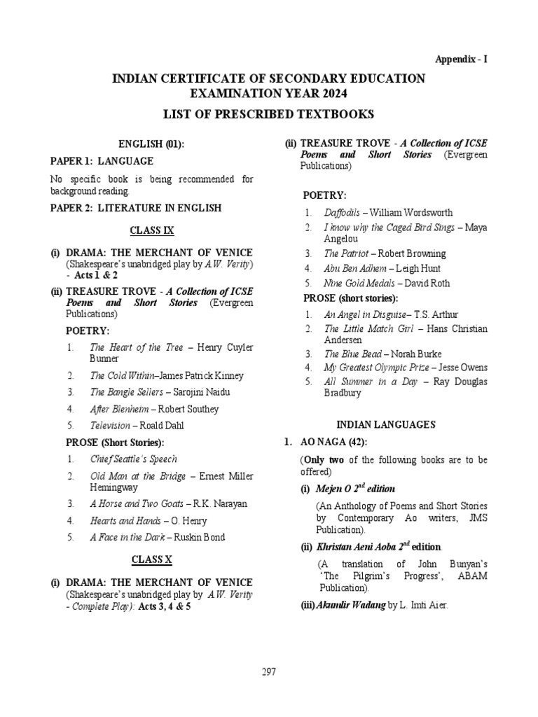 ICSE Appendix I List of Prescribed Books | PDF | Indian Literature