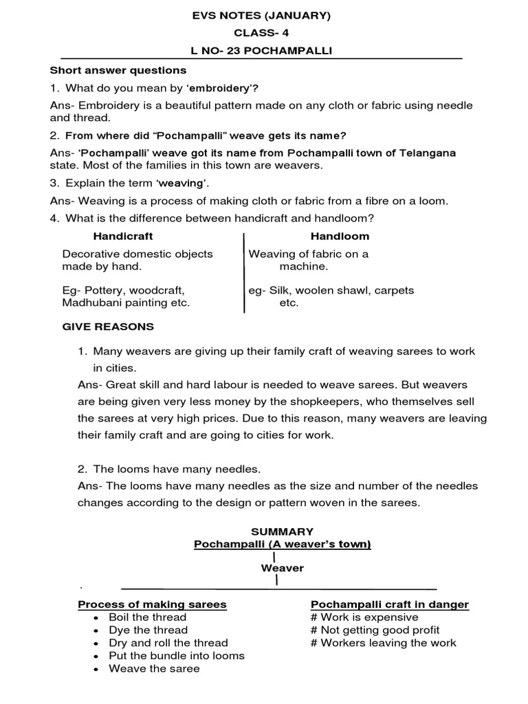 Pochampalli Weaving: Class 4 EVS Notes | PDF | Weaving | Loom