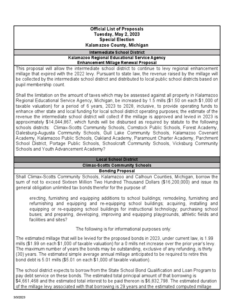 Kalamazoo County Ballot Proposals May 2023 PDF Property Tax Debt