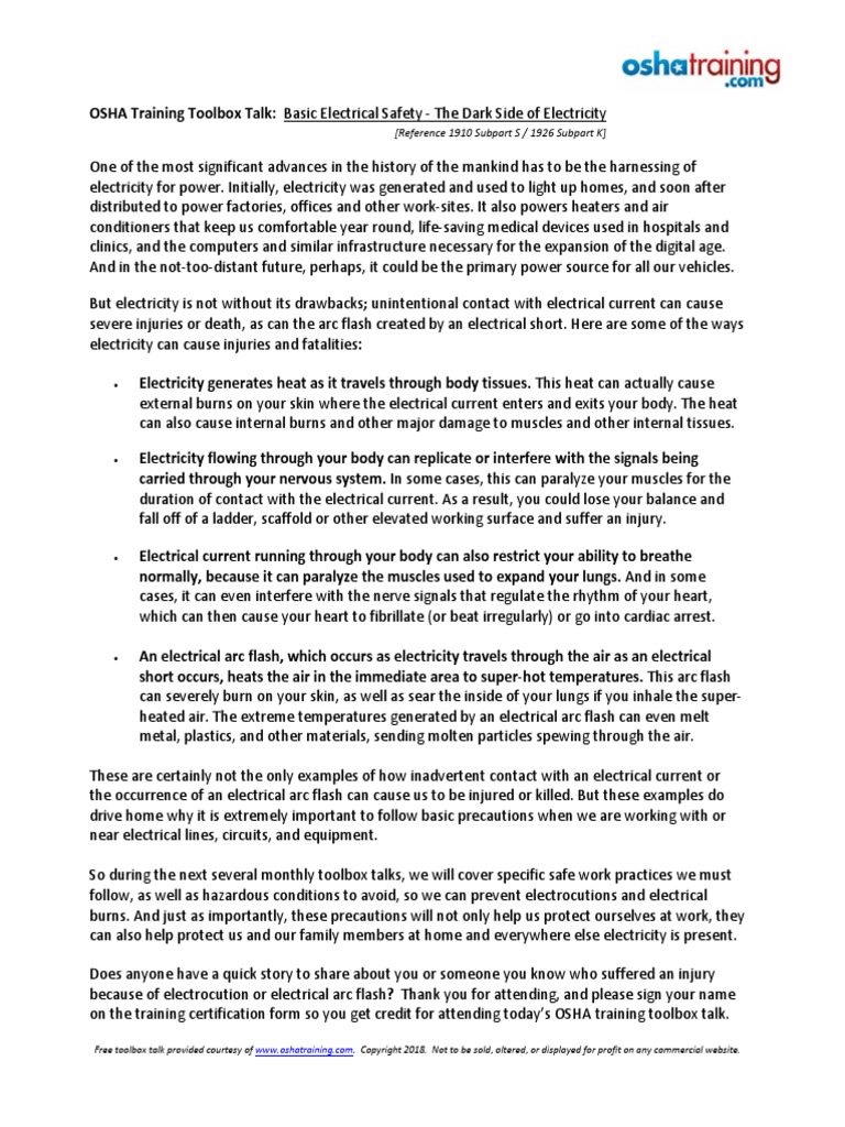 TBT Electrical Safety 1 PDF Occupational Safety And Health Injury