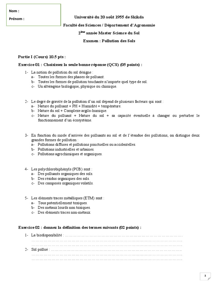 Examen sur la Pollution des Sols | PDF | la pollution | Sol (pédologie)