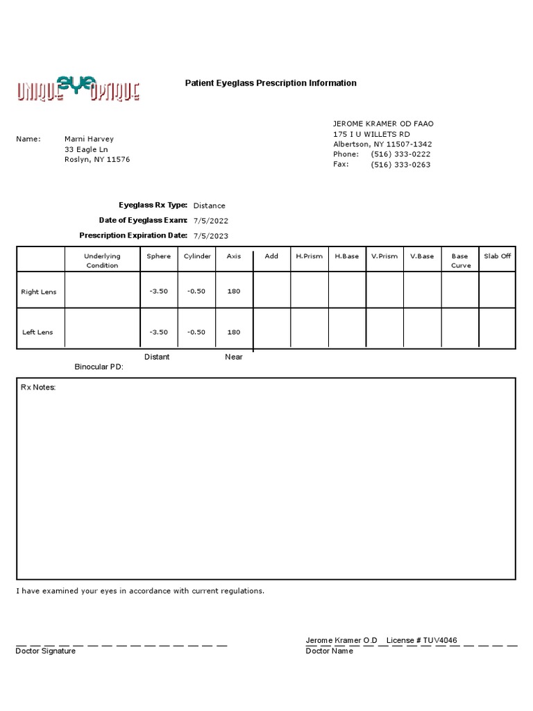 Patient Eyeglass Prescription Information: Date of Eyeglass Exam ...
