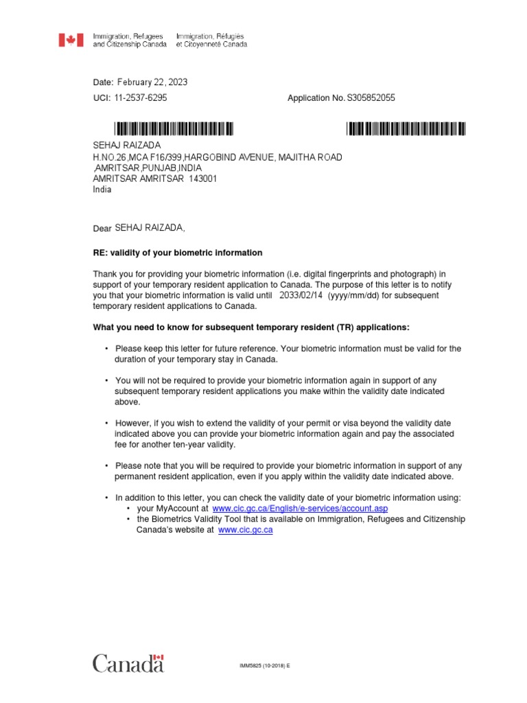 RE: Validity of Your Biometric Information: WWW - Cic.gc - Ca/english/e ...