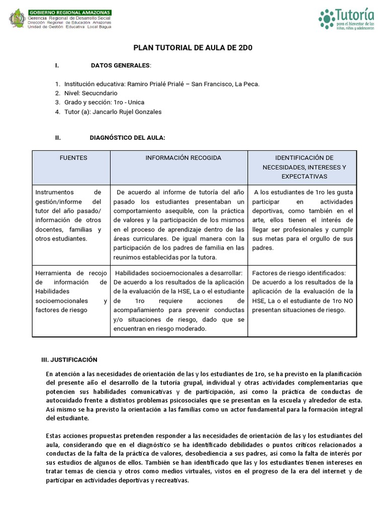 Plan de Tutoría para 1ro Secundaria | PDF | Salón de clases | Evaluación