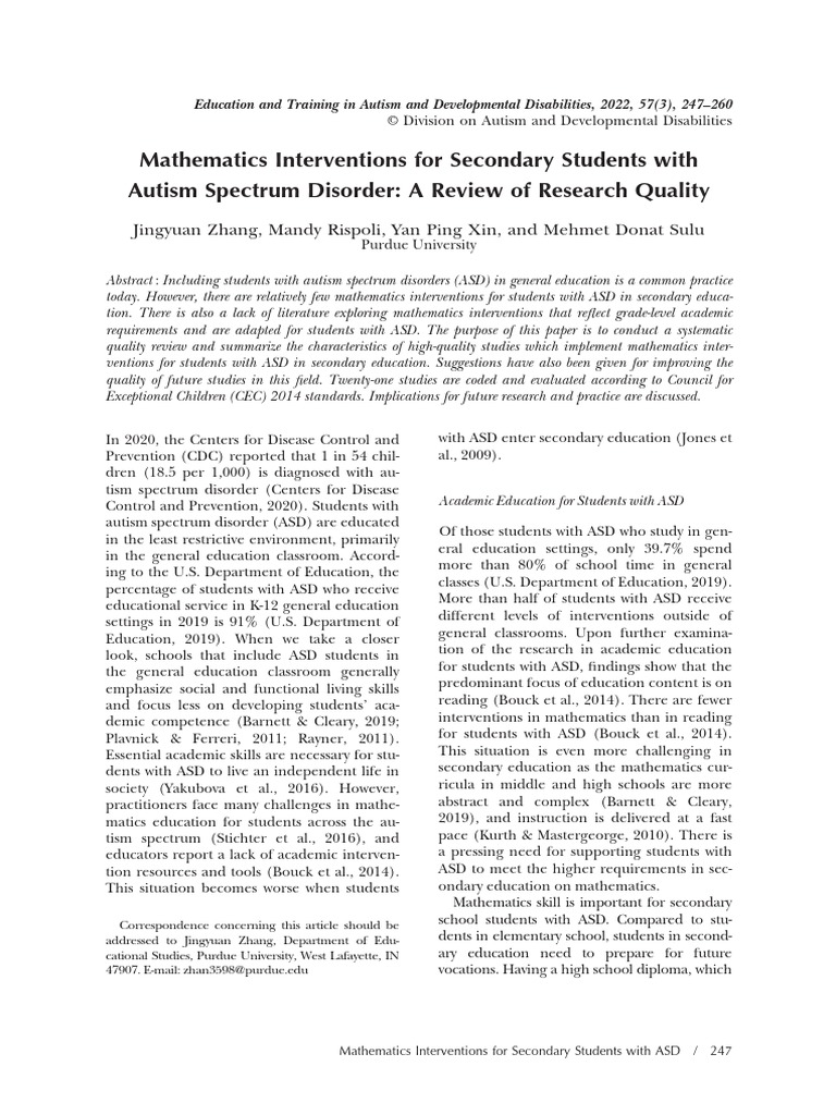 Mathematics Interventions For Secondary Students With Autism Spectrum ...