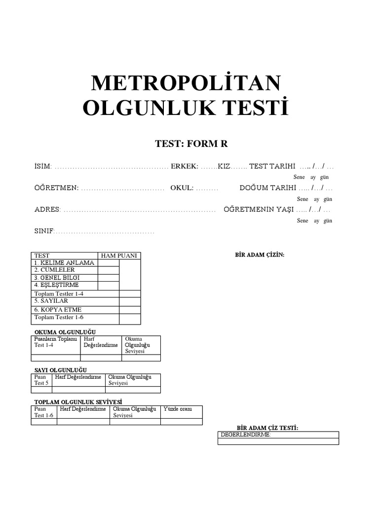 Metropolitan Olgunluk Testi: Test: Form R | PDF
