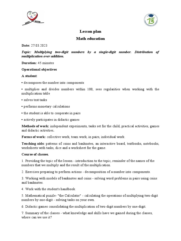 Two-Digit Multiplication Lesson Plan | PDF