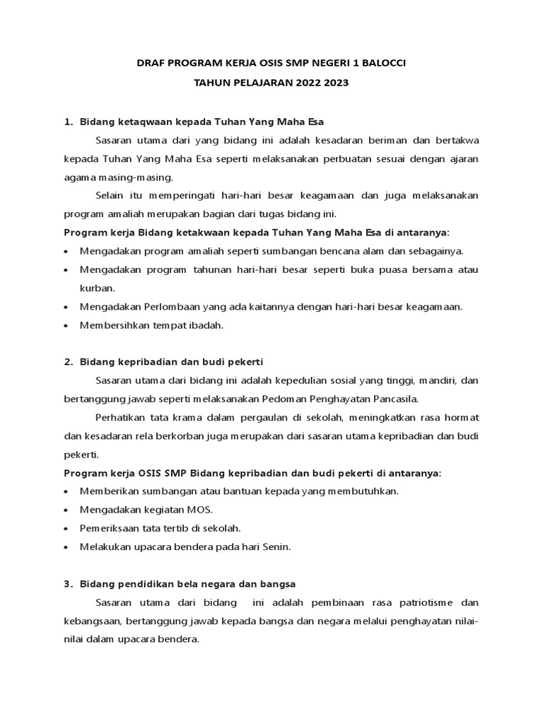 Draf Proker Osis SMP Negeri 1 Balocci 2022 2023 | PDF