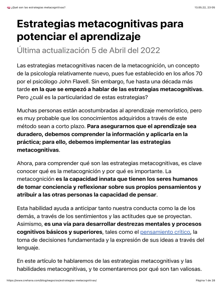 Qué Son Las Estrategias Metacognitivas | PDF | Aprendizaje | Teoria de ...