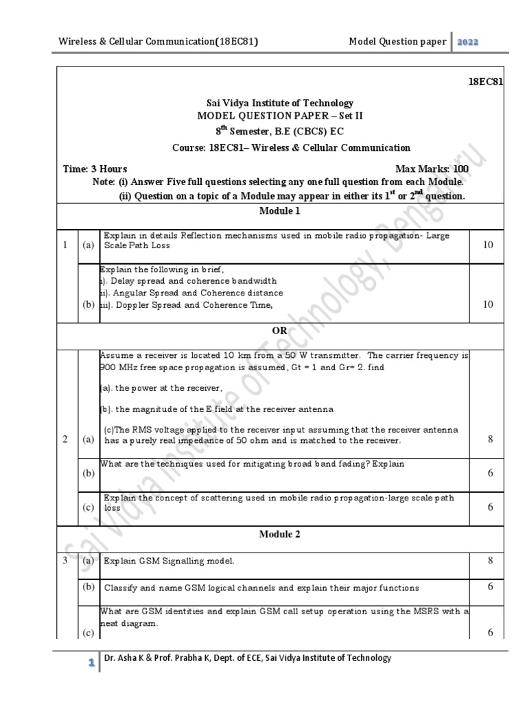 18EC81 Wireless Communication Model Paper | PDF | Cellular Network ...