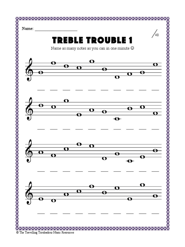 Treble Trouble 1: Name | PDF | Clef | Pitch (Music)