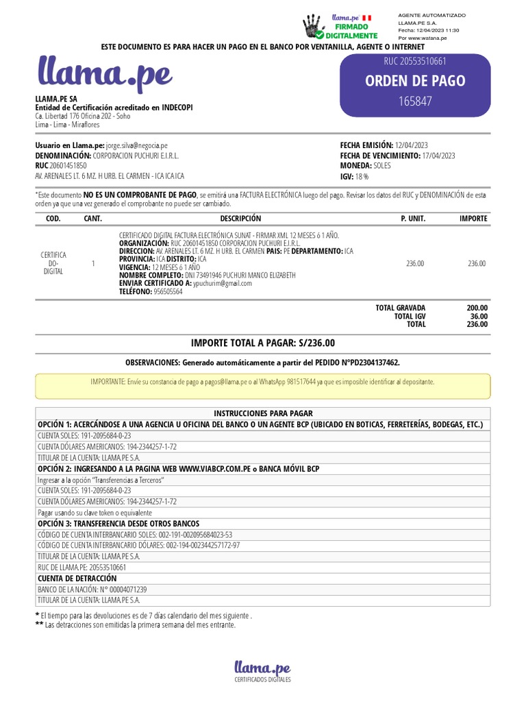 Orden de Pago N°165847 | PDF | Industrias de servicio | Bancario
