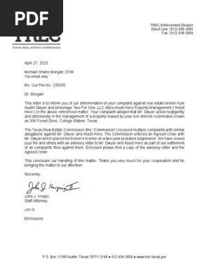Texas Real Estate Commission letter 04/27/2023