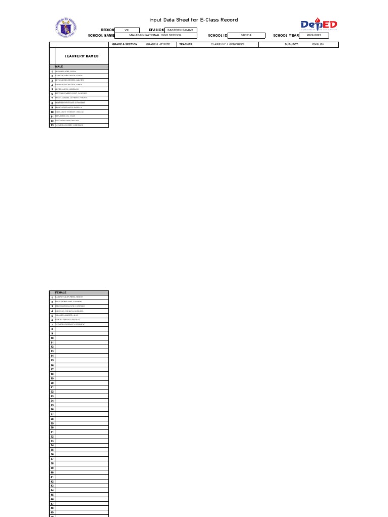 Input data sheet for e class record region division school name school