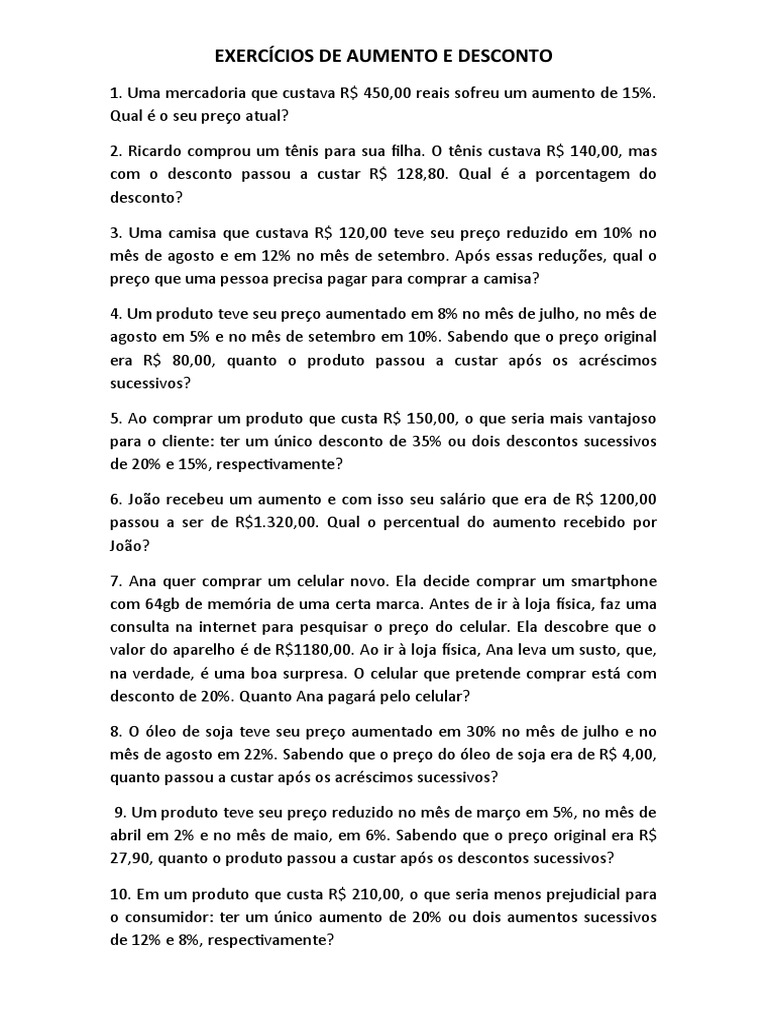 Exercícios de Aumento e Desconto | PDF | Juros | Smartphone