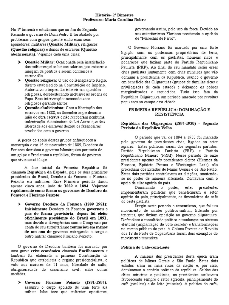 Primeira República Dominação e Resistência | PDF | Governo | Brasil