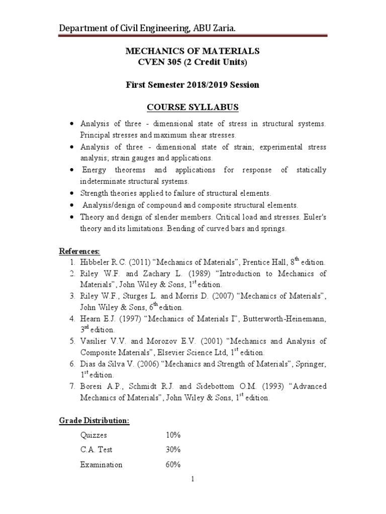 CVEN 305 Mechanics of Materials Syllabus | PDF