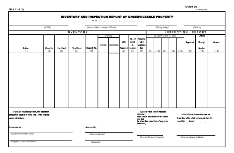 Annex 51 Inventory and Inspection Report of Unserviceable Property | PDF