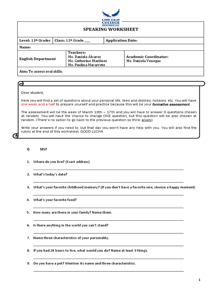 Speaking Worksheet 11th Grades | Download Free PDF | Question | Cognition