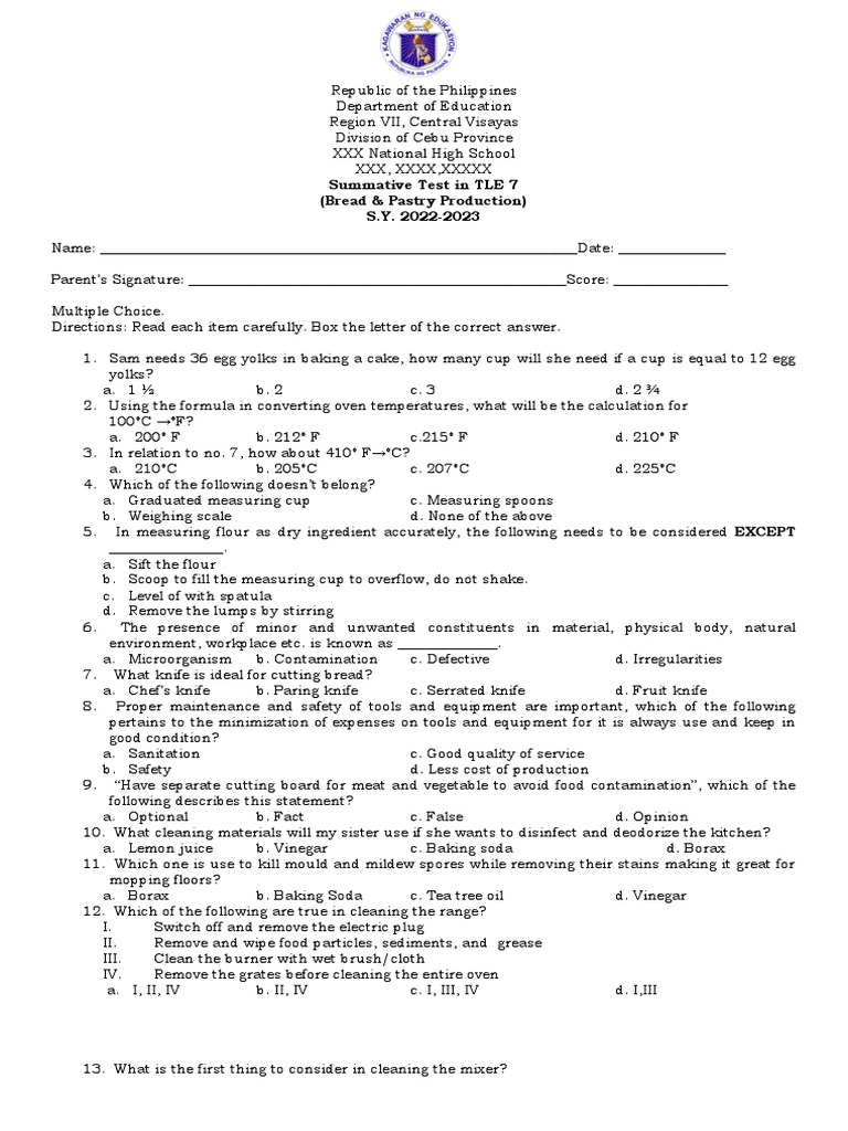 Summative 2nd Q Tle 7Bread & Pastry PDF