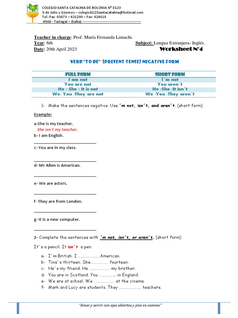 6th Year Worksheet N4 2023 Verb To Be Negative Form | PDF | Grammar ...