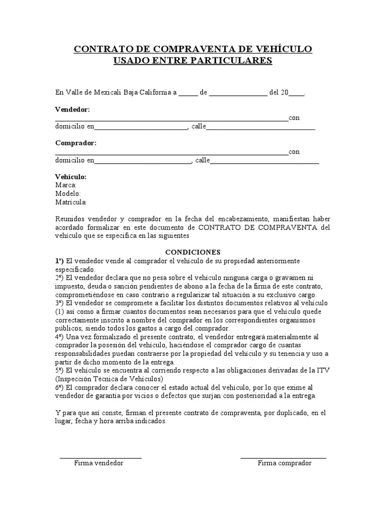 Contrato de Compraventa de Vehículo Usado Entre Particulares | PDF