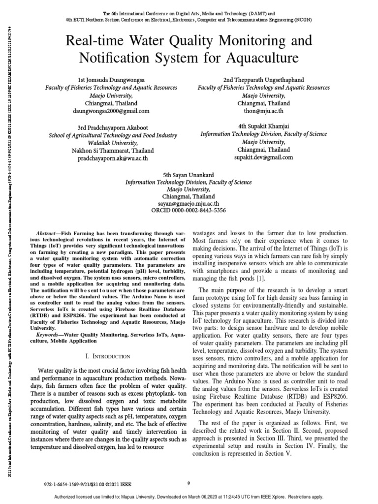 RealTime Water Quality Monitoring and Notification System For
