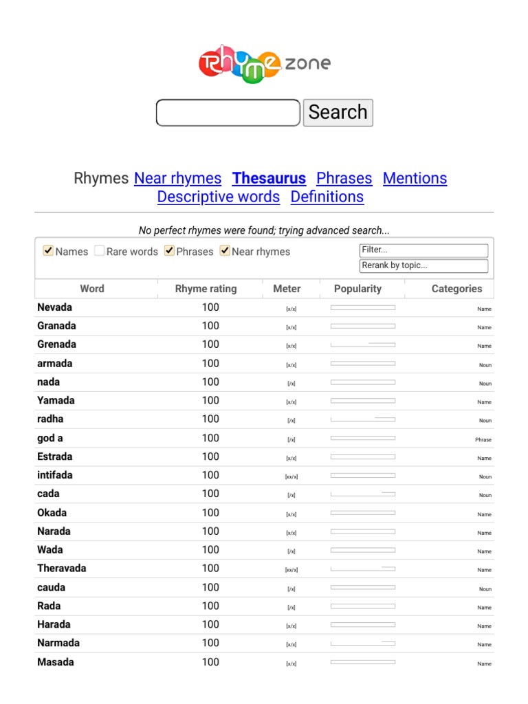 RhymeZone - Pada Rhymes | PDF | Lexicology | Linguistics