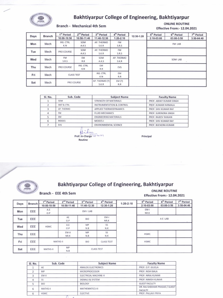 4TH Sem Bce Bakhtiiyarpur Routine | PDF