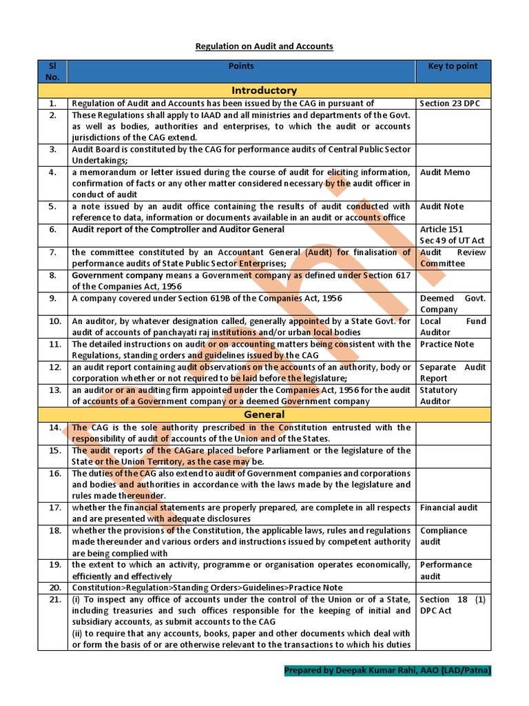 Introductory Regulation On Audit and Accounts SL No. Points Key To