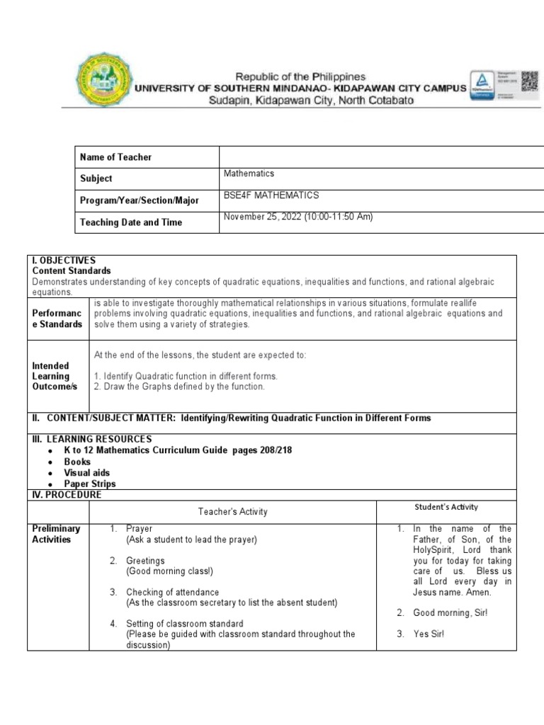 Detailed LP For Pre-Demo 1 | PDF | Function (Mathematics) | Quadratic ...
