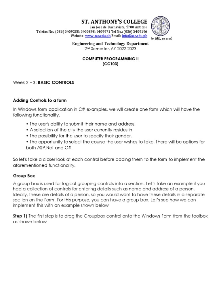 CC103-Week 2 - 3-BASIC CONTROLS | PDF | C Sharp (Programming Language ...